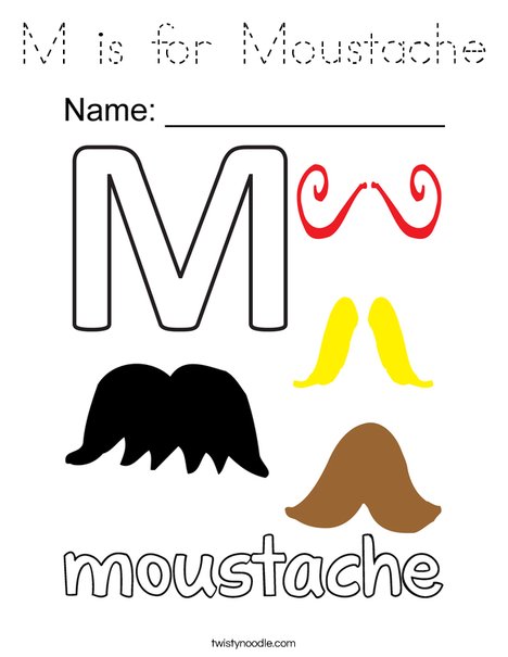 M is for Mustache Coloring Page