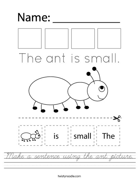 Make a sentence using the ant picture. Worksheet