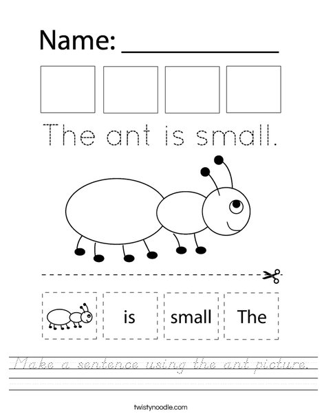 Make a sentence using the ant picture. Worksheet