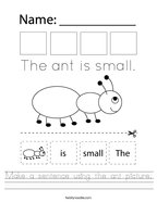Make a sentence using the ant picture Handwriting Sheet