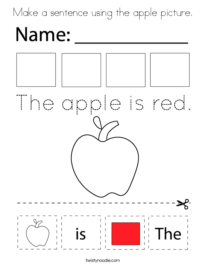 Make a sentence using the apple picture. Coloring Page