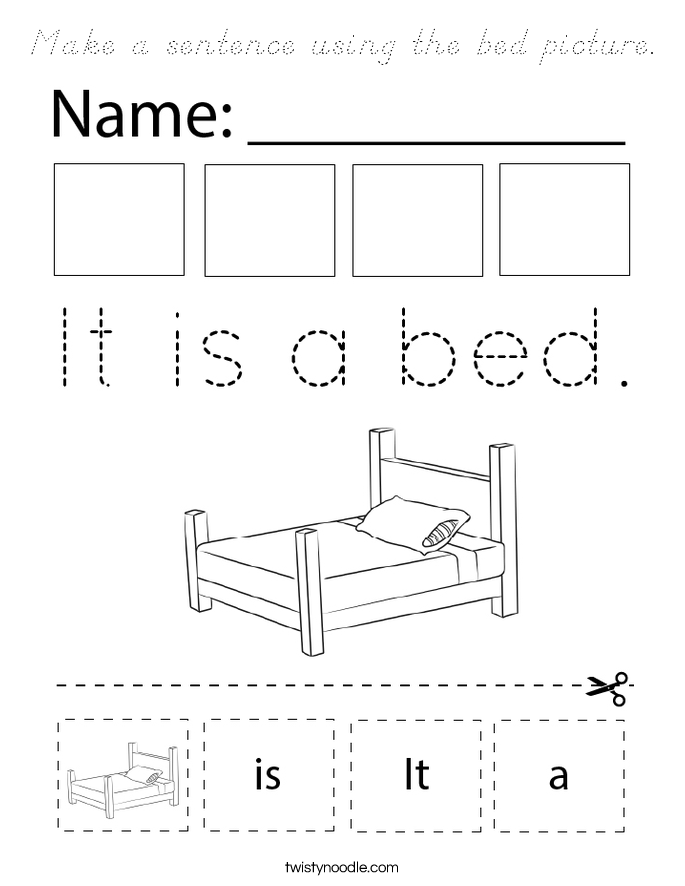 Make a sentence using the bed picture. Coloring Page