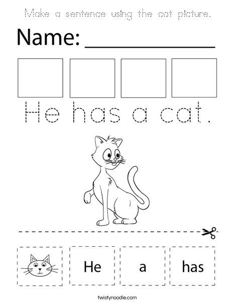 Make a sentence using the cat picture. Coloring Page