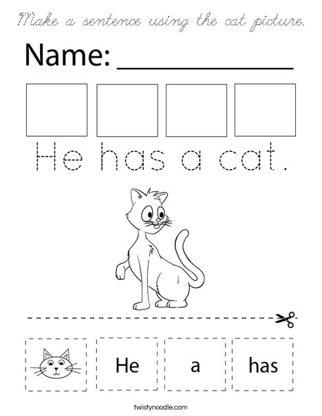 Make a sentence using the cat picture. Coloring Page