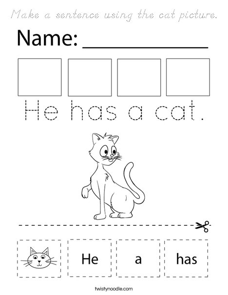 Make a sentence using the cat picture. Coloring Page