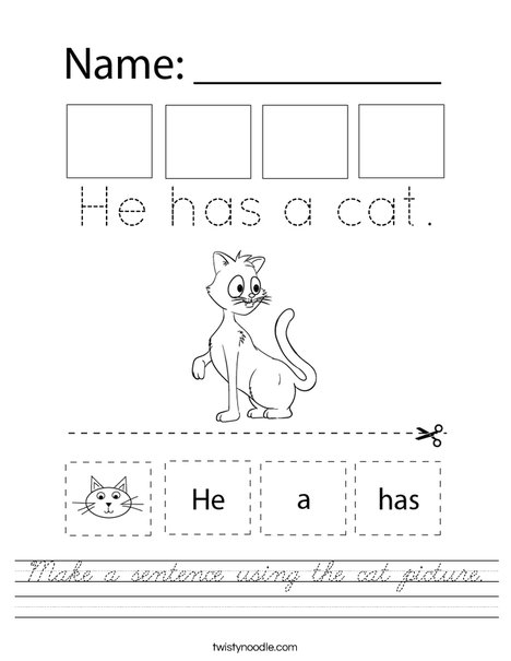 Make a sentence using the cat picture. Worksheet
