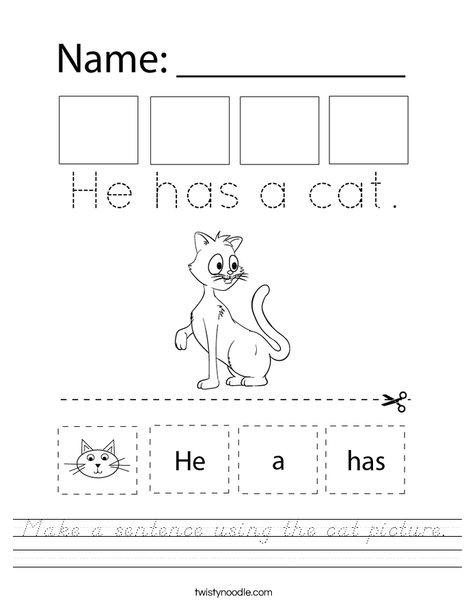 Make a sentence using the cat picture. Worksheet