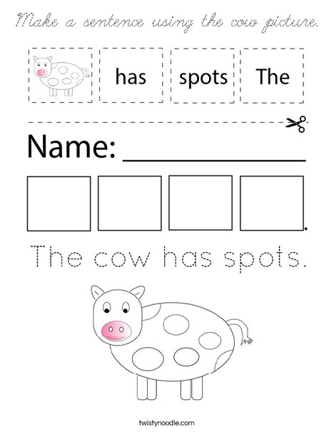 Make a sentence using the cow picture. Coloring Page