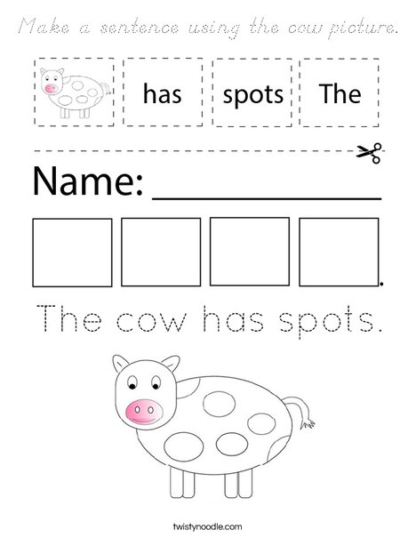 Make a sentence using the cow picture. Coloring Page