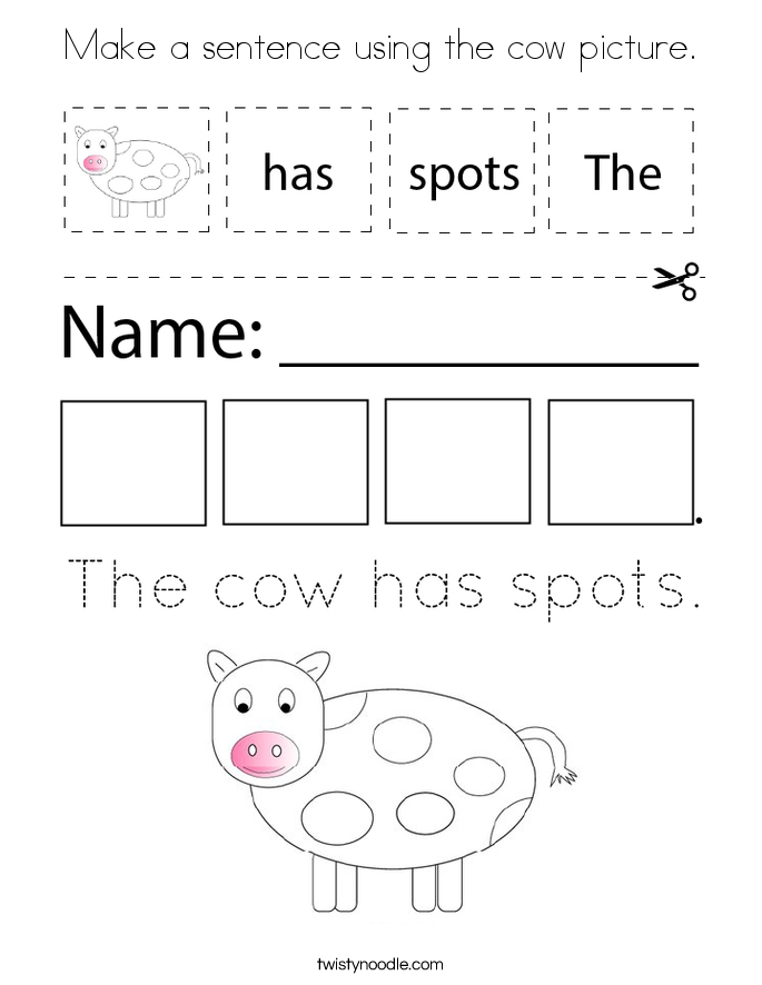 Make a sentence using the cow picture. Coloring Page