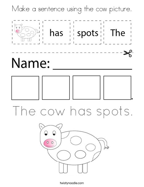 Make a sentence using the cow picture. Coloring Page