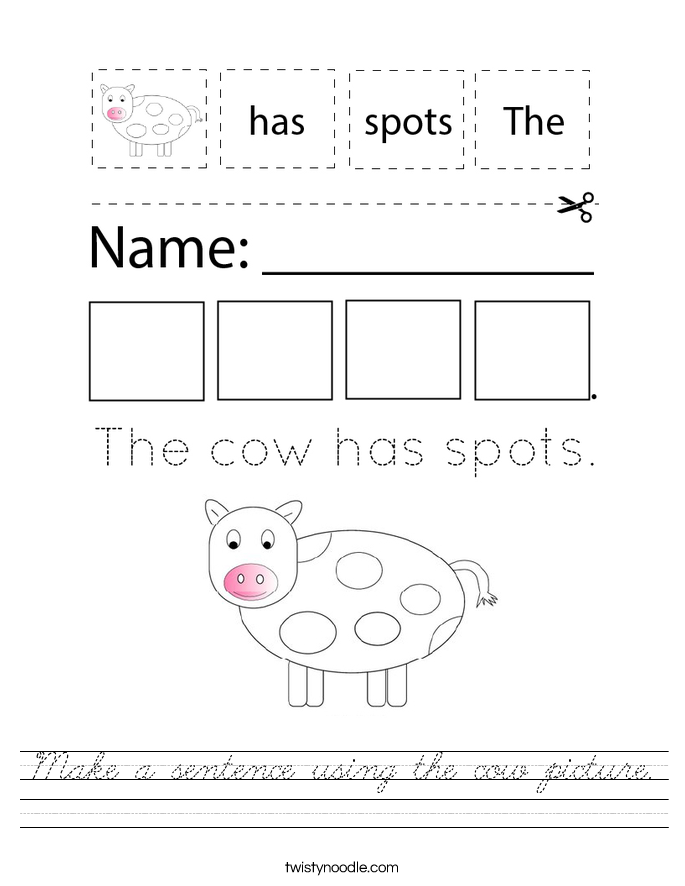 Make a sentence using the cow picture. Worksheet