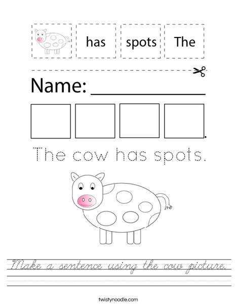Make a sentence using the cow picture. Worksheet