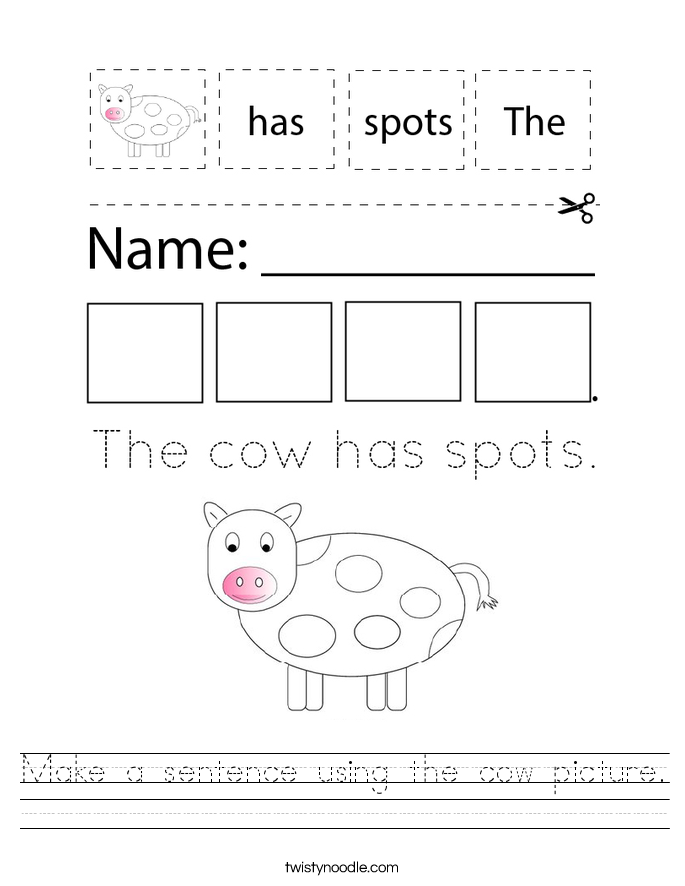 Make a sentence using the cow picture. Worksheet