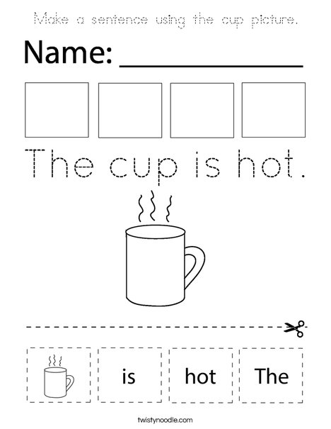 Make a sentence using the cup picture. Coloring Page