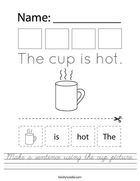Make a sentence using the cup picture. Worksheet