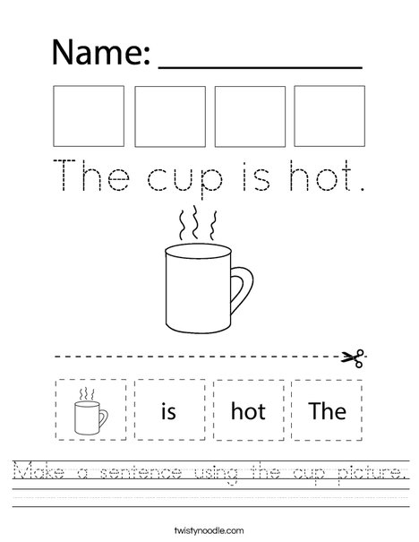 Make a sentence using the cup picture. Worksheet