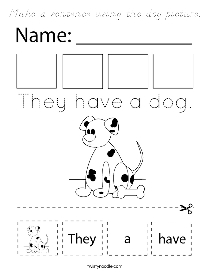 Make a sentence using the dog picture. Coloring Page