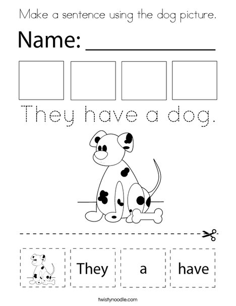 Make a sentence using the dog picture. Coloring Page