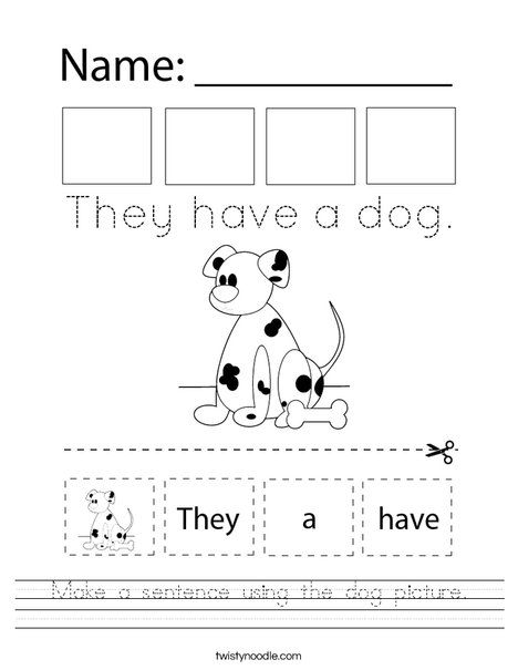 Make a sentence using the dog picture. Worksheet