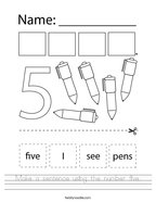 Make a sentence using the number five Handwriting Sheet