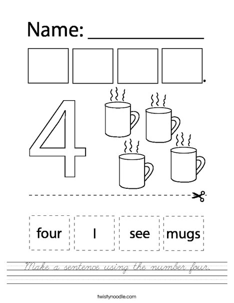 Make a sentence using the number four. Worksheet