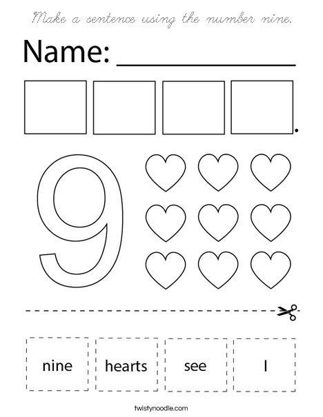 Make a sentence using the number nine. Coloring Page