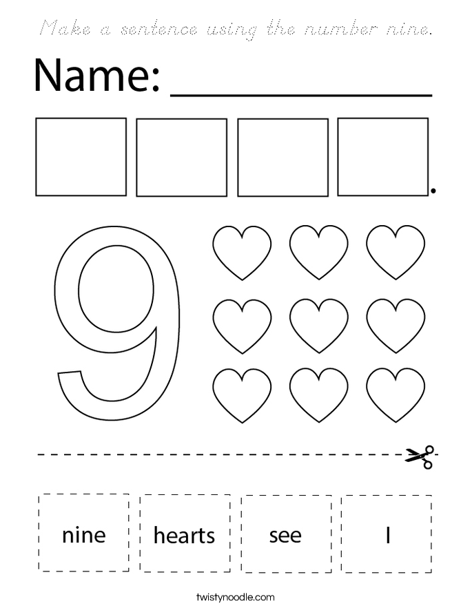 Make a sentence using the number nine. Coloring Page