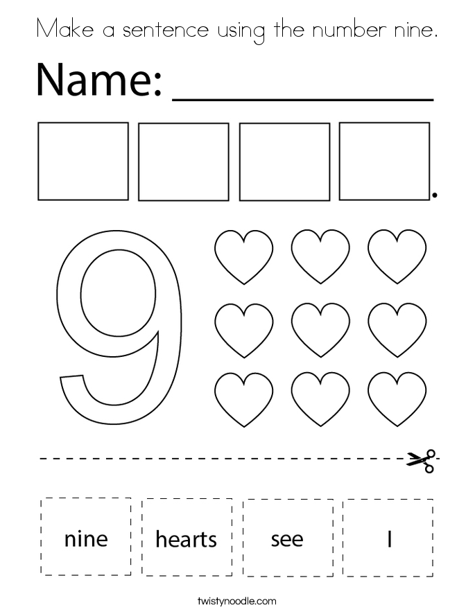 Make a sentence using the number nine. Coloring Page
