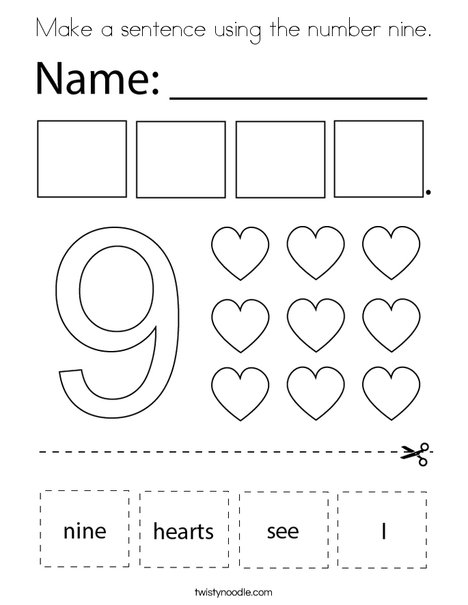 Make a sentence using the number nine. Coloring Page