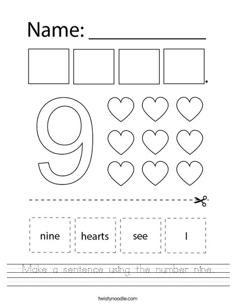 Make a sentence using the number nine. Worksheet