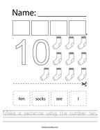 Make a sentence using the number ten Handwriting Sheet