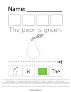 Make a sentence using the pear picture Handwriting Sheet