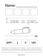 Make a sentence using the word pen Handwriting Sheet