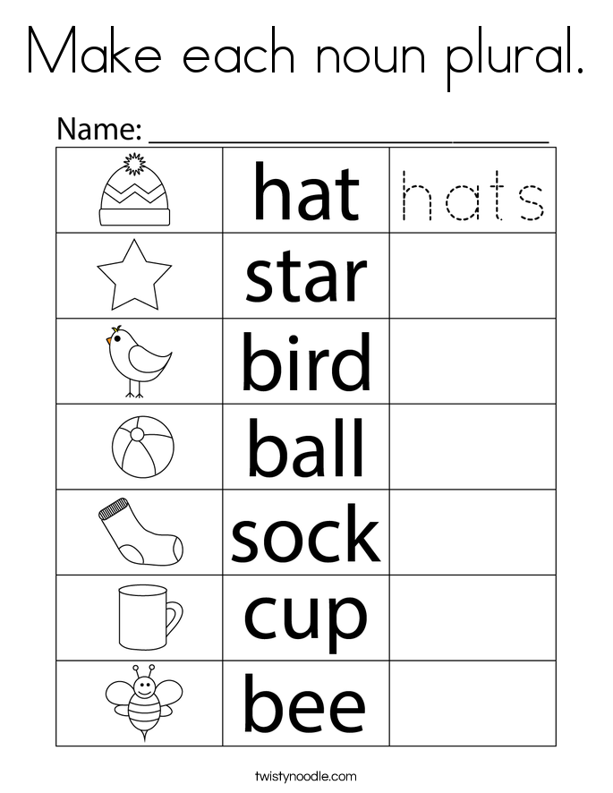 Make each noun plural. Coloring Page