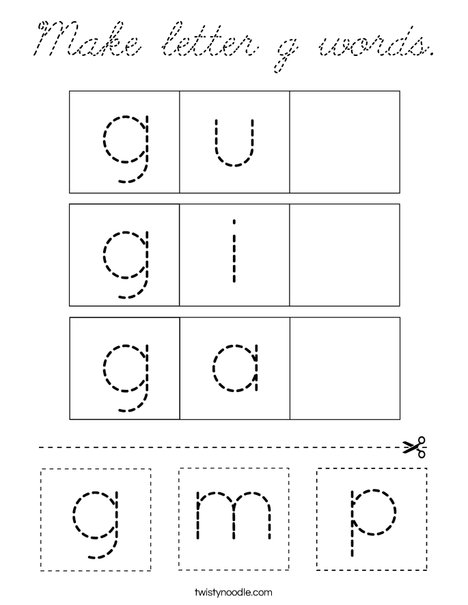 Make letter g words Coloring Page - Cursive - Twisty Noodle