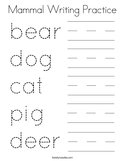 Mammal Writing Practice Coloring Page