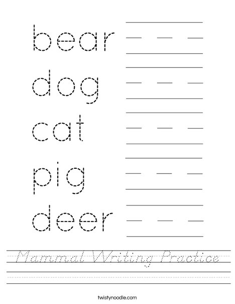 Mammal Writing Practice Worksheet
