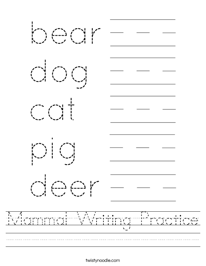 Mammal Writing Practice Worksheet