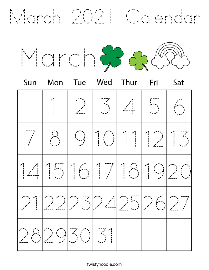 March 2021 Calendar Coloring Page