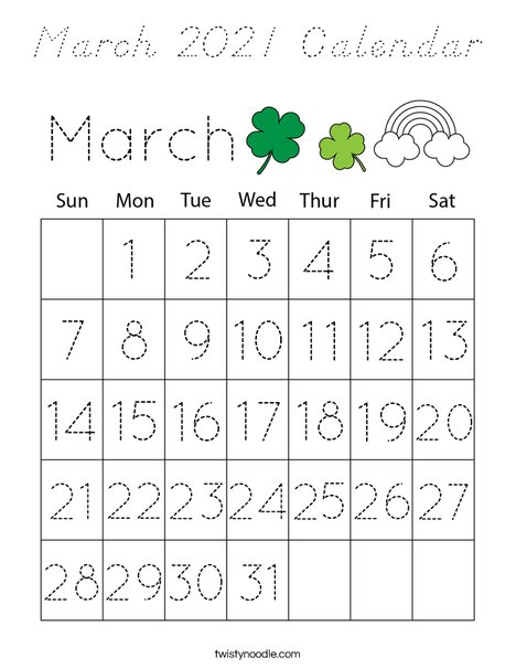 March 2020 Calendar Coloring Page