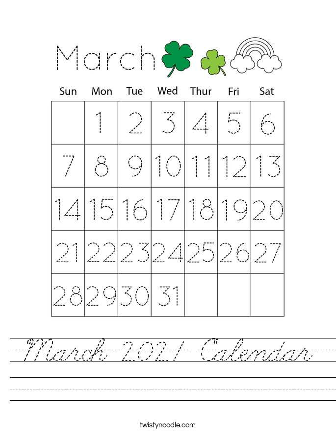 March 2021 Calendar Worksheet