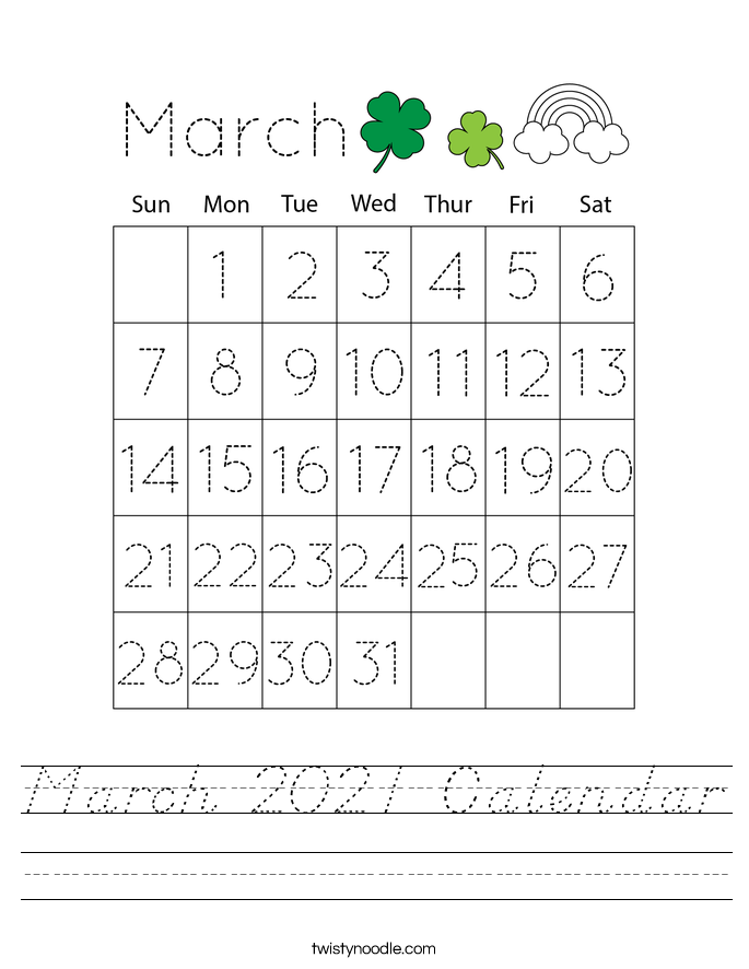 March 2021 Calendar Worksheet