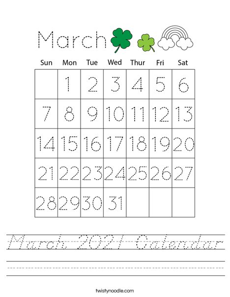 March 2020 Calendar Worksheet