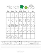 March 2021 Calendar Handwriting Sheet