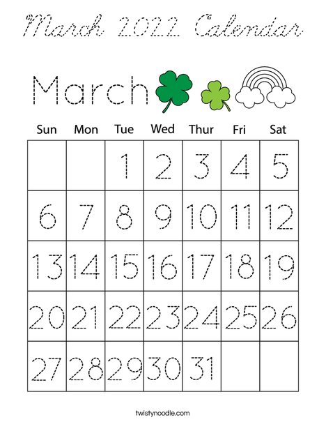 March 2022 Calendar Coloring Page