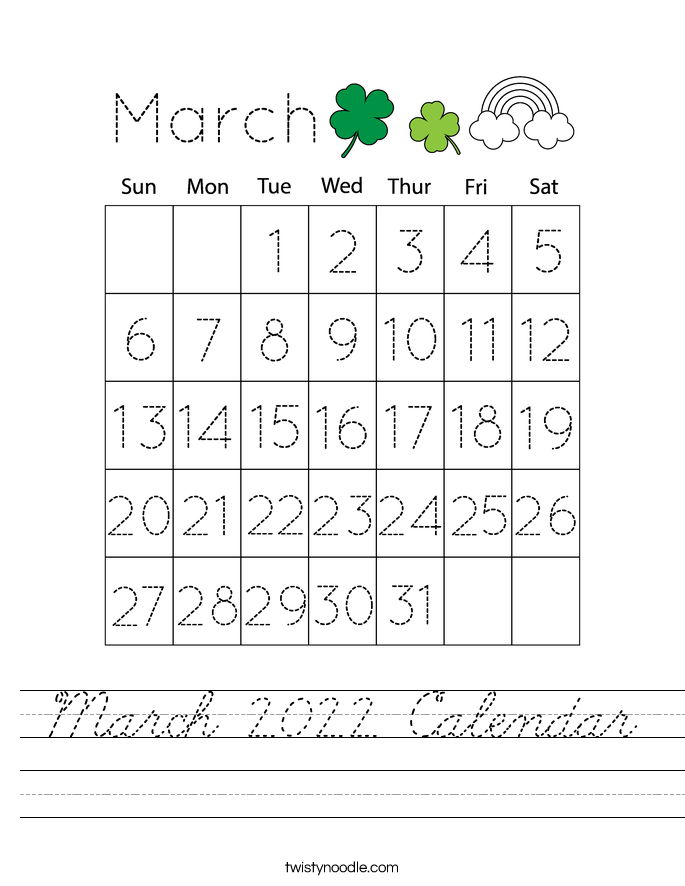 March 2022 Calendar Worksheet