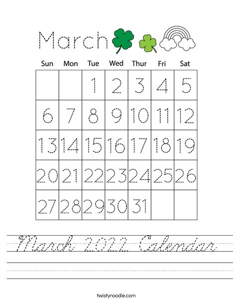 March 2022 Calendar Worksheet