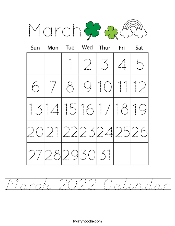 March 2022 Calendar Worksheet