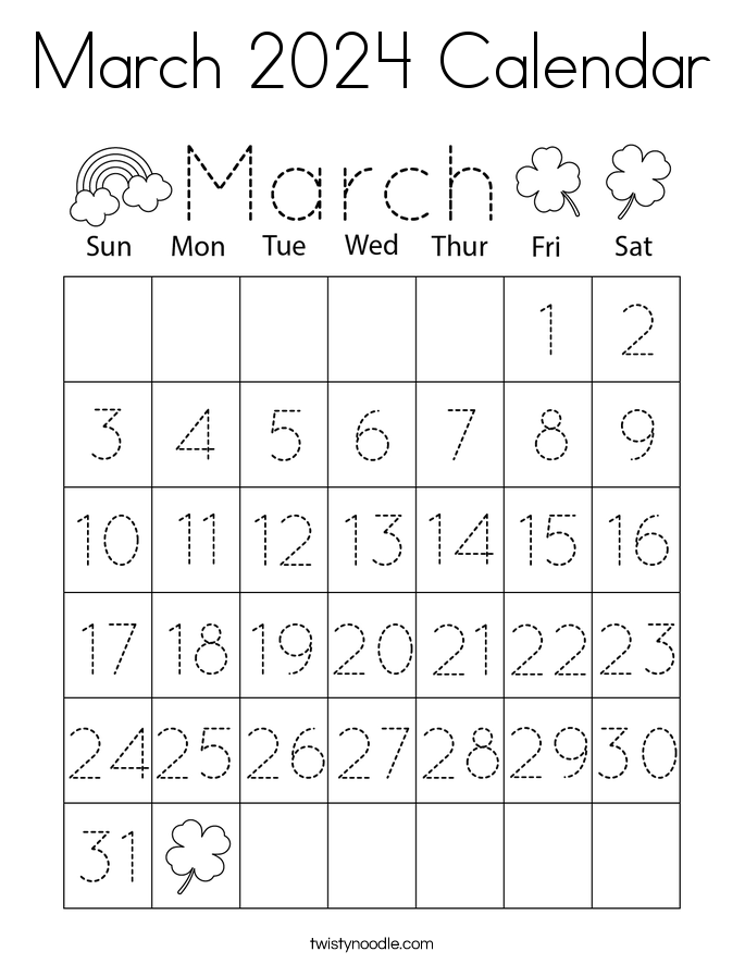 March 2024 Calendar Coloring Page Twisty Noodle March 2024 Calendar Coloring Page Twisty Noodle